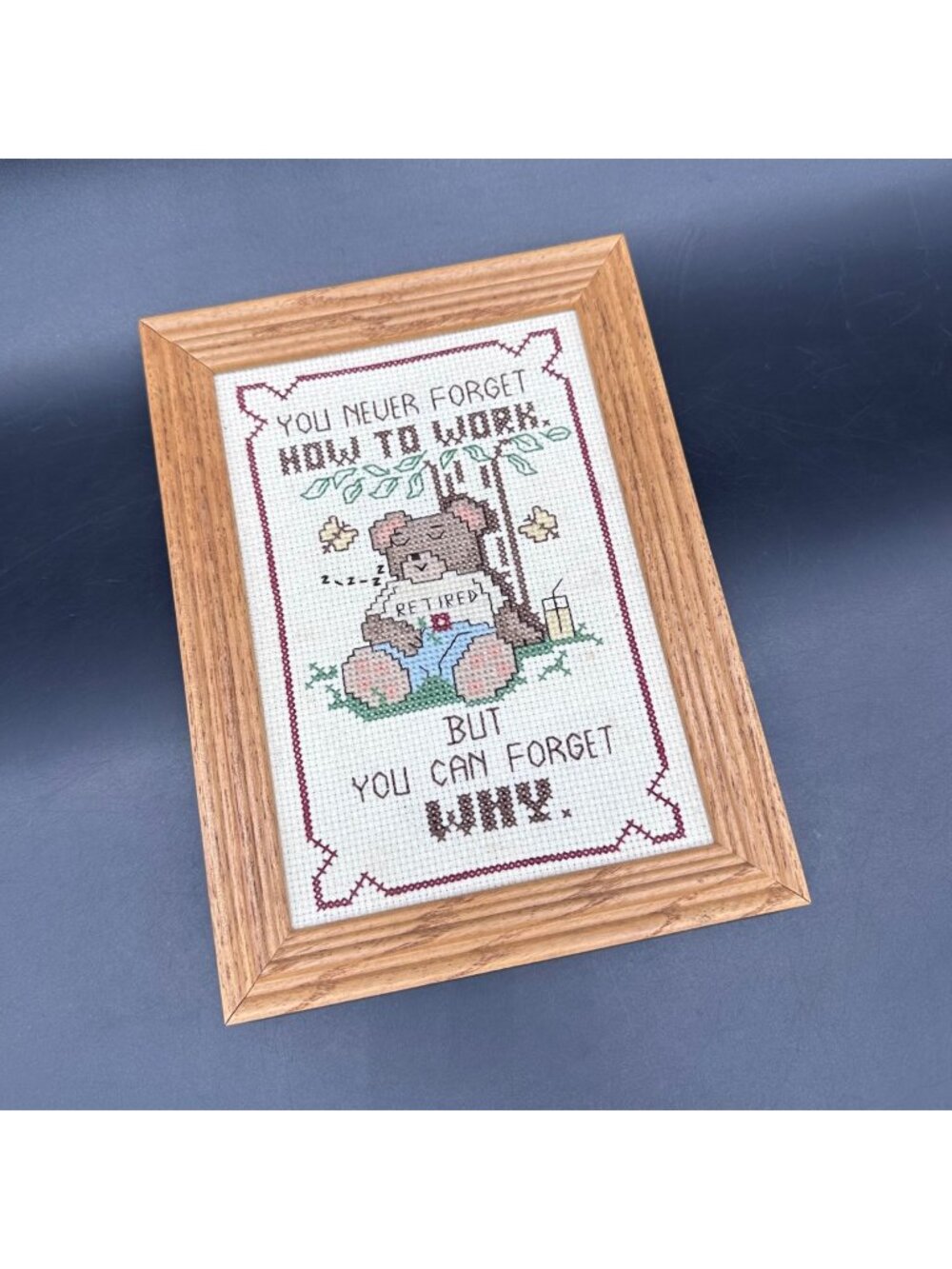 Vintage Cross Stitch Wall Hanging Art Wood Frame Retired Bear Retirement Gift